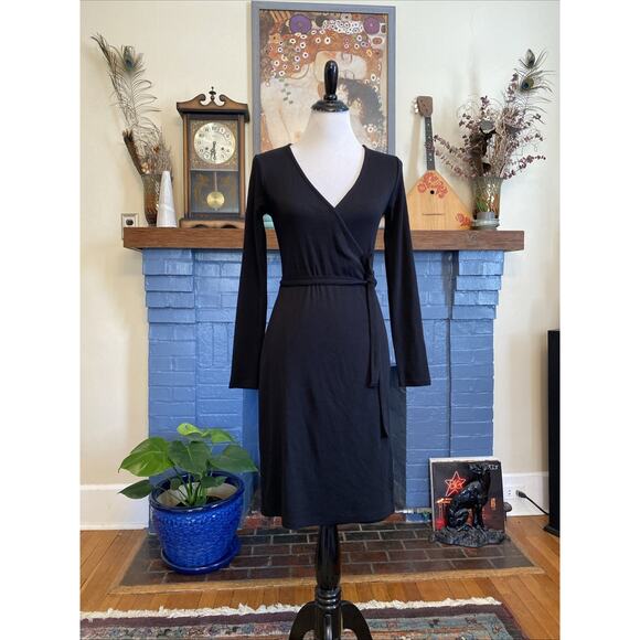 BODEN 6L Black Long Sleeve Ribbed Jersey Wrap Dress S LBD Classic Preppy Modal - Picture 3 of 16